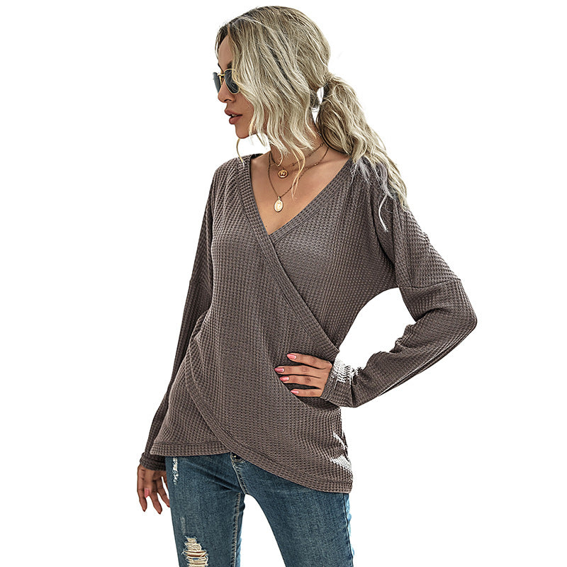 Women's Waffle Knit Wrap Shirt with V-Neck and Long Sleeves Chichicherry