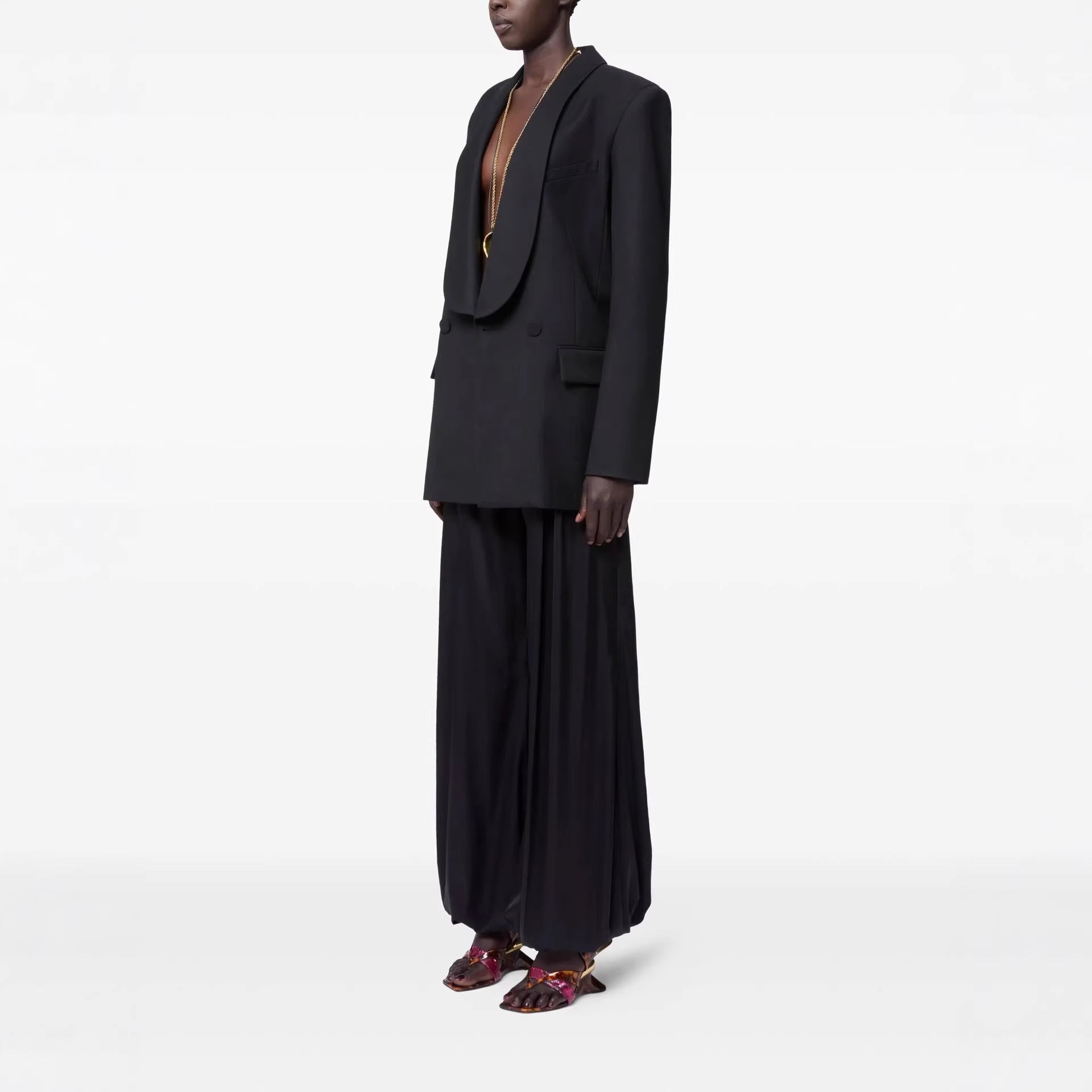 Women's Oversized Smoking Long Blazer with Deep Shawl Collar and Extended Shoulder Line Chichicherry