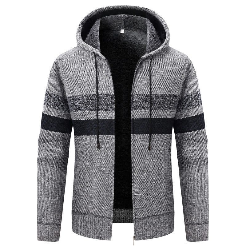 Men's knit zip hoodie with teddy lining, full-length zipper and block stripes Chichicherry