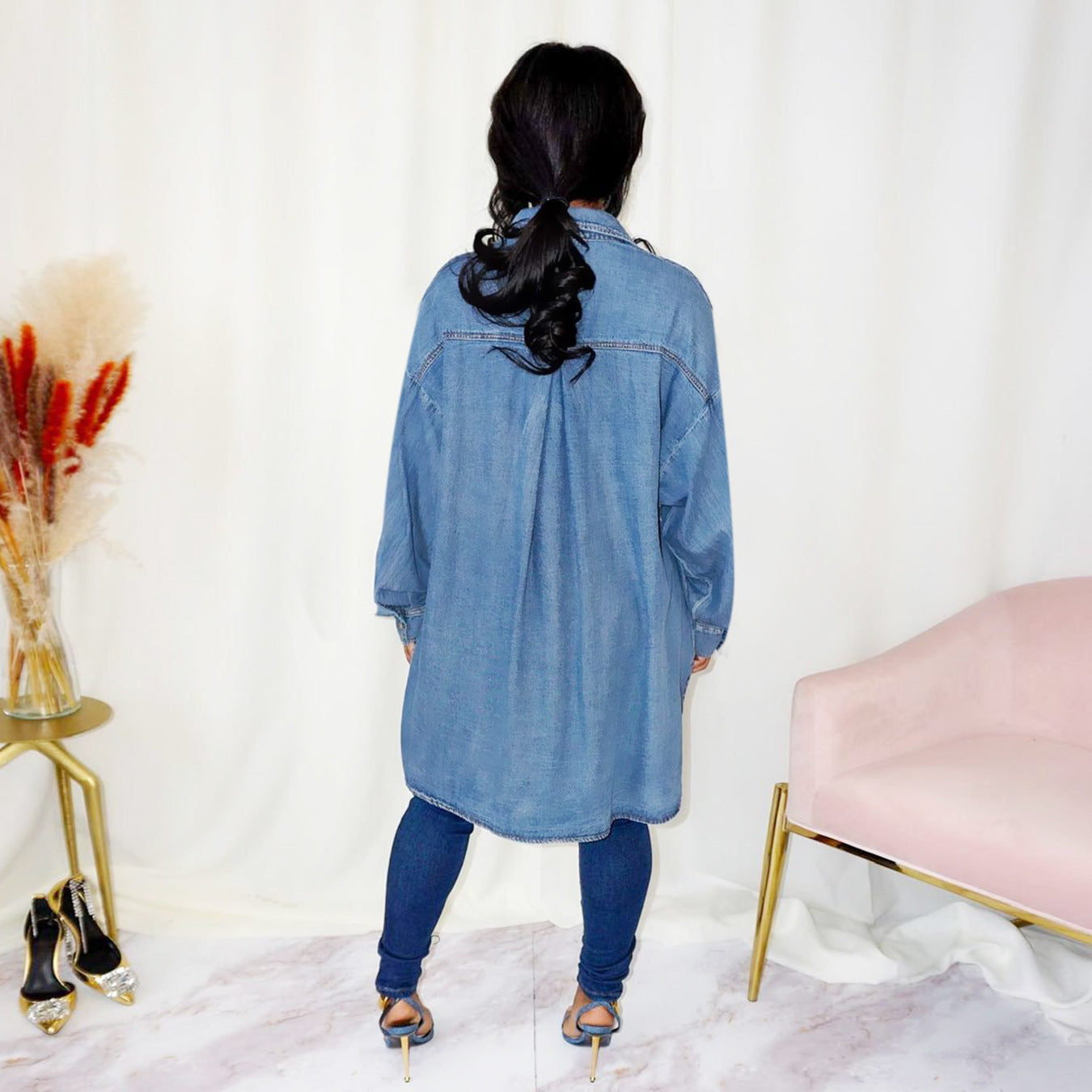 Women's Oversized Denim Shirt Jacket with Flap Pockets and Extended Cut Chichicherry