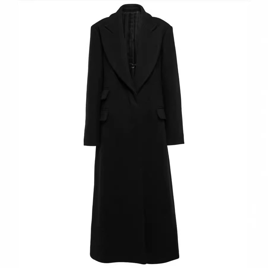 Women's Floor-Length Longline Single-Breasted Wool Blend Coat with Distinctive Shoulder Design Chichicherry
