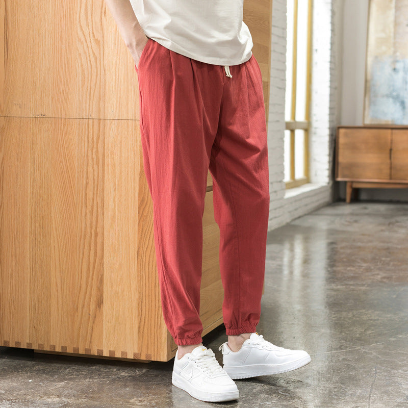 Men's Relaxed-Fit Linen Blend Jogging Pants with Pleats, Drawstring, and Elastic Cuffs Chichicherry