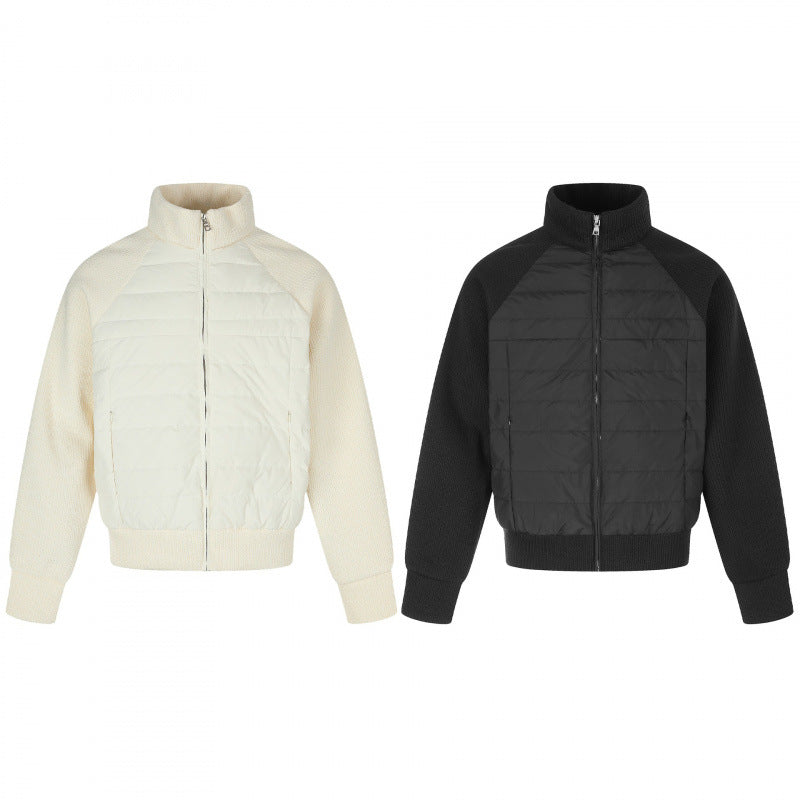 Women's hybrid quilted jacket with quilted front, chunky knit sleeves, and high stand-up collar Chichicherry