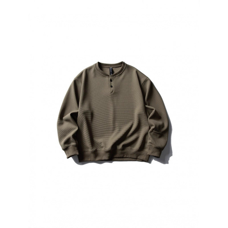 Unisex Waffle Knit Henley Sweatshirt in Oversize Cut with Button Placket Chichicherry