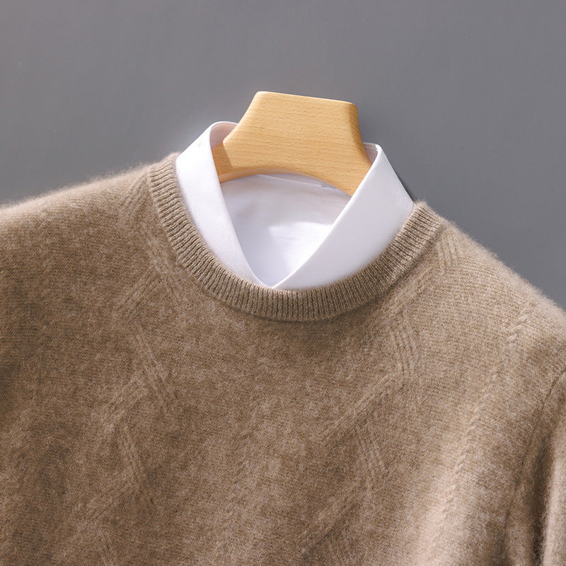 Men's Luxurious Fine Knit Crew Neck Sweater with Subtle Cable Pattern Chichicherry