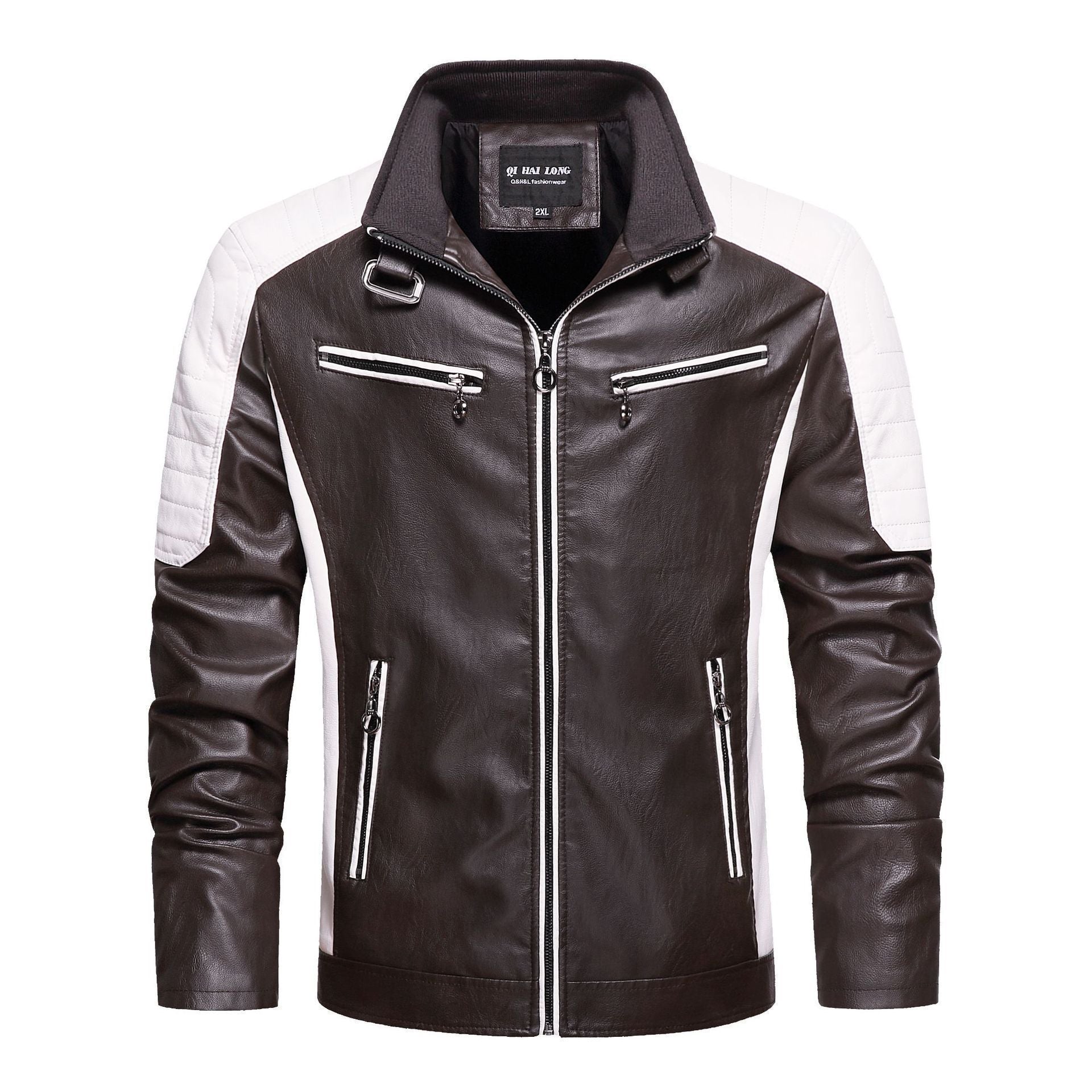 Men's Quilted Biker Jacket made of Faux Leather with Contrast Stripes and Stand-Up Collar Chichicherry