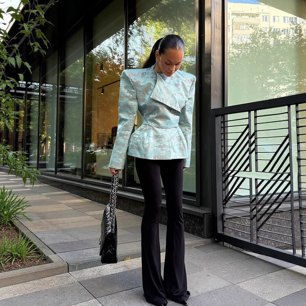 Ladies Tailored Jacquard Blazer with Defined Shoulders, Peplum and Asymmetrical Lapel Chichicherry