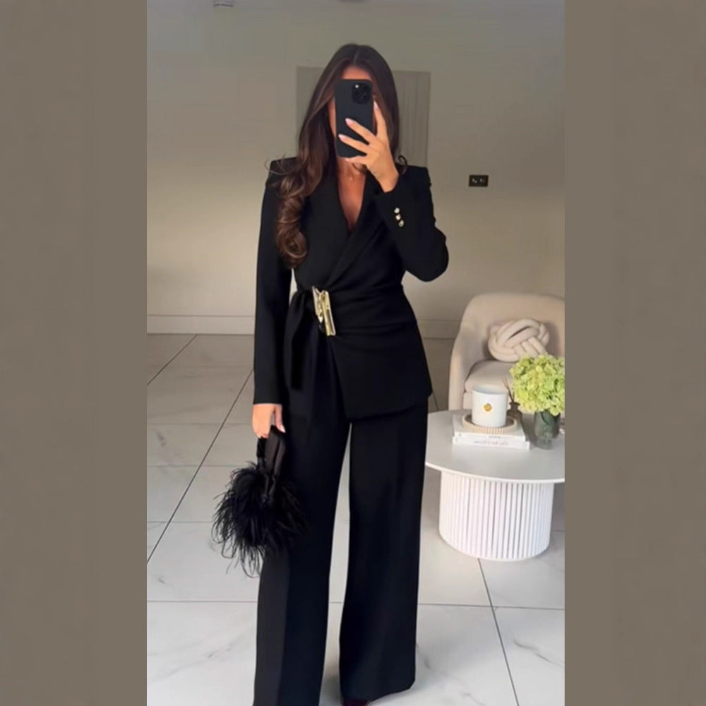 Women's Tailored Wrap Blazer with Decorative Metal Buckle & High-Waist Palazzo Pants Chichicherry