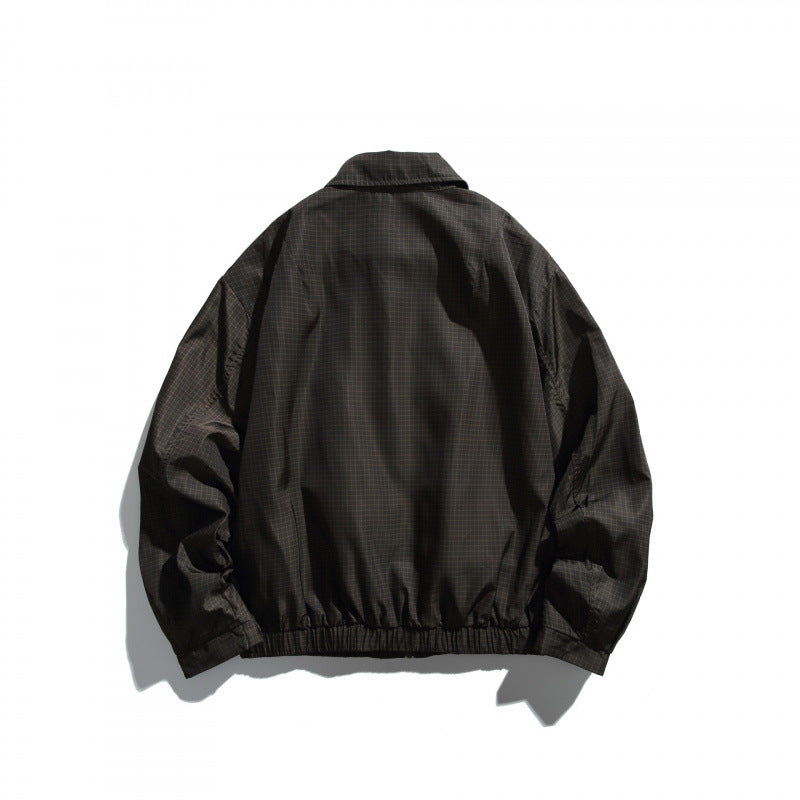 Men's short-cut water-repellent Harrington bomber jacket with checkered micro-weave, buttoned flap pockets, and elastic hem Chichicherry