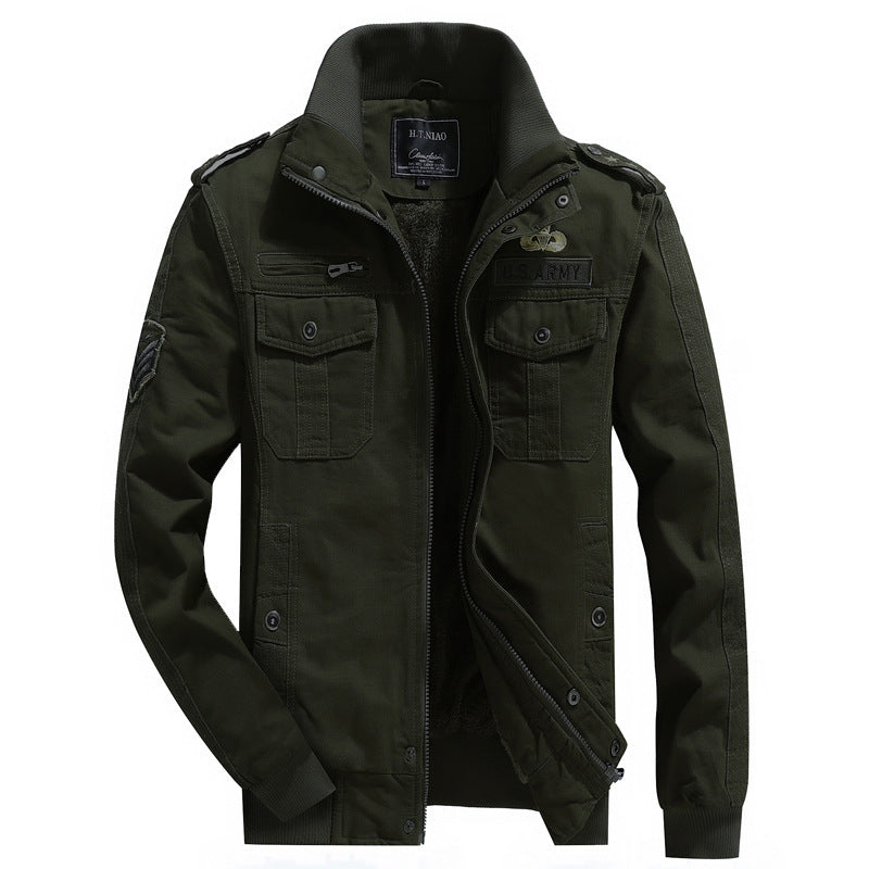 Men's Canvas Field Jacket in Utility Style with Warming Fleece Lining and Shoulder Patches Chichicherry