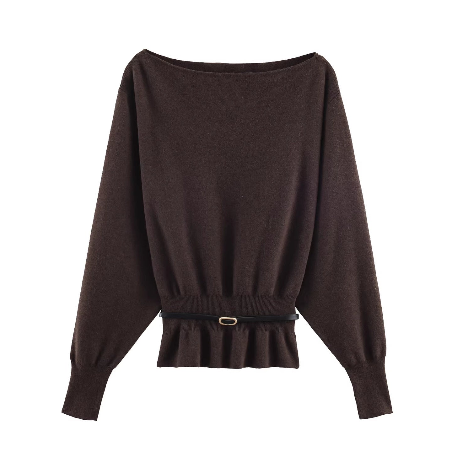 Women's Oversized Knit Sweater with Boat Neck, Batwing Sleeves, Gathered Ribbed Hem, and Waist Belt Chichicherry