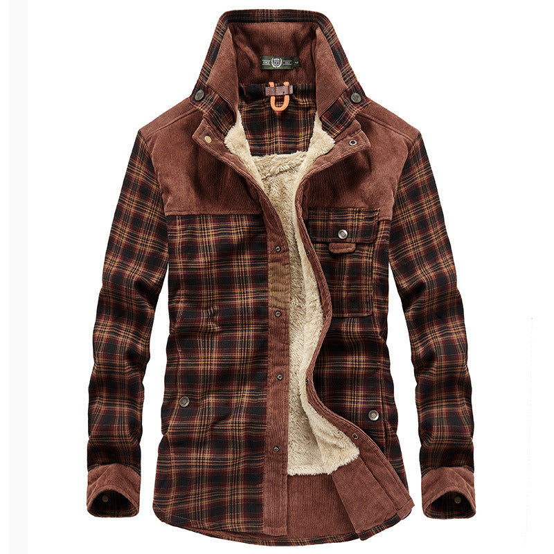 Men's checkered shirt jacket with teddy lining, corduroy trim and high stand-up collar Chichicherry