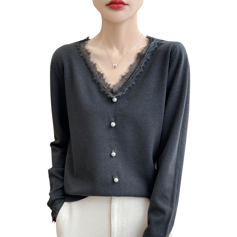 Women's Delicate V-Neck Fine Knit Cardigan with Floral Lace Edge and Bead Decoration Chichicherry