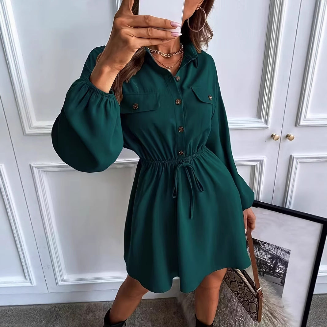 Women's Shirt Blouse Mini Dress with Drawstring Waistband, Patch Pockets and Balloon Sleeves Chichicherry