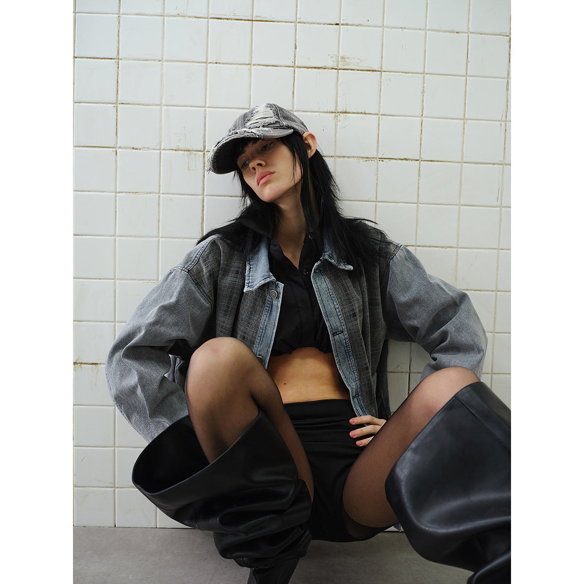 Unisex Boxy Denim Jacket with Checkered Front Panel, Contrasting Denim Sleeves and Snap Button Placket Chichicherry