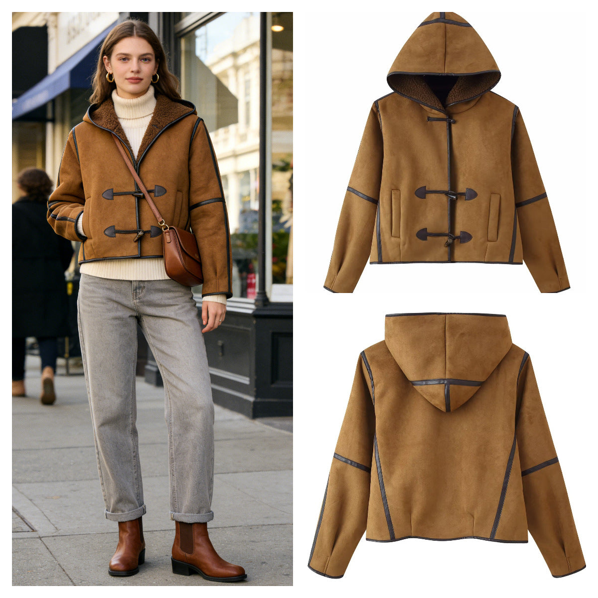 Women's Short Hooded Sheepskin Imitation Duffle Jacket with Toggle Fastenings Chichicherry