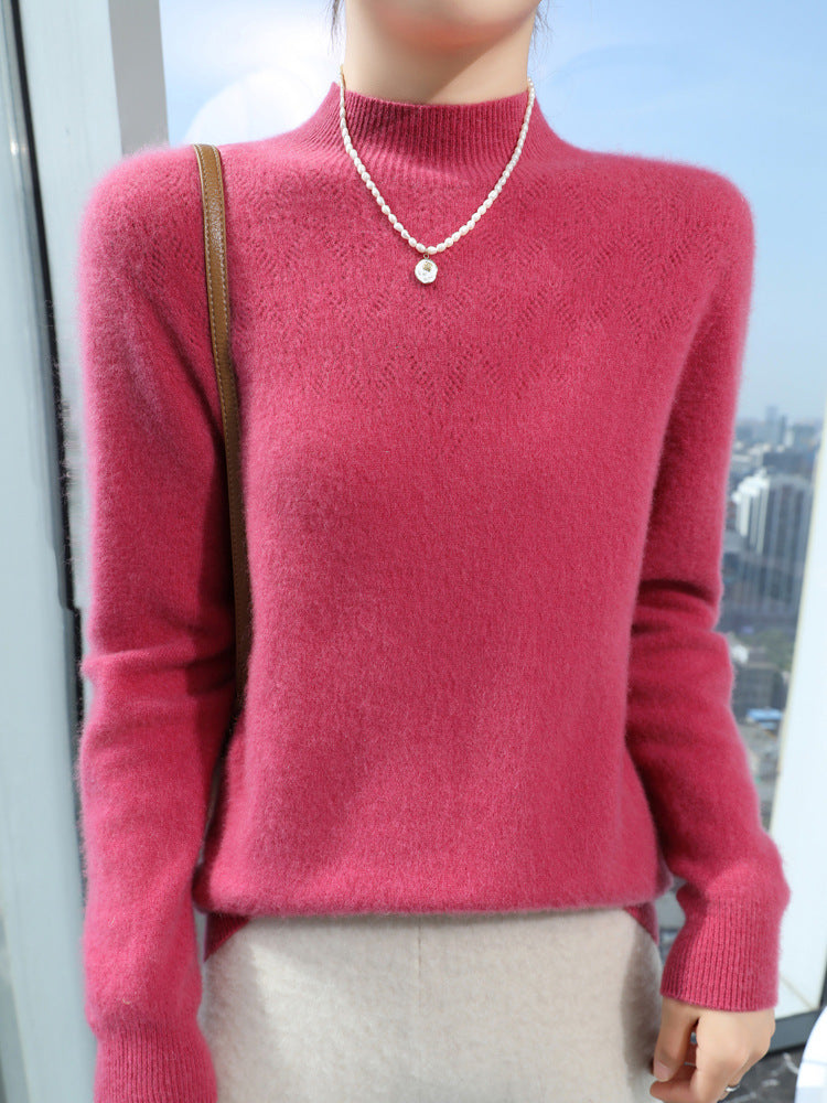 Women's Slim Minimalist Stand Collar Fine Knit Sweater with Ribbed Neck Chichicherry