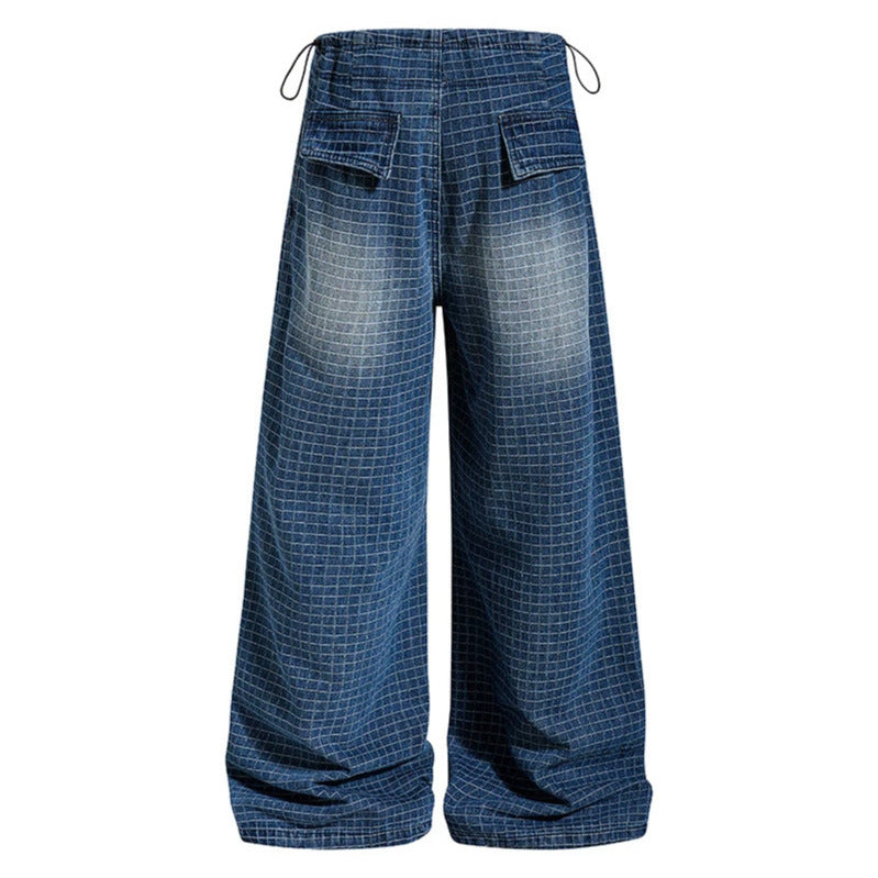 Women's Loose High-Waist Culotte Jeans with Drawstring, Check Pattern and Adjustable Hem Chichicherry