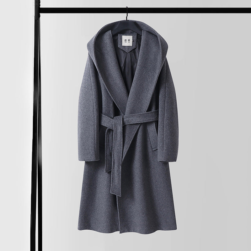 Men's maxi-length hooded coat made of wool blend with tie belt and boxy silhouette Chichicherry