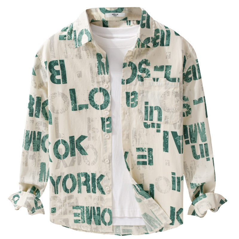 Men's Printed Lightweight Long Sleeve Shirt in Relaxed Fit with Typo Print and Chest Pocket Chichicherry