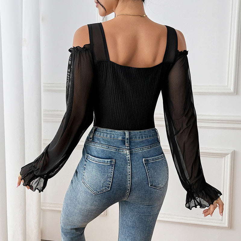 Women Tailored Mesh Bodysuit with Heart-Shaped Neckline, Puff Sleeves and Shaping Ribbed Body Chichicherry