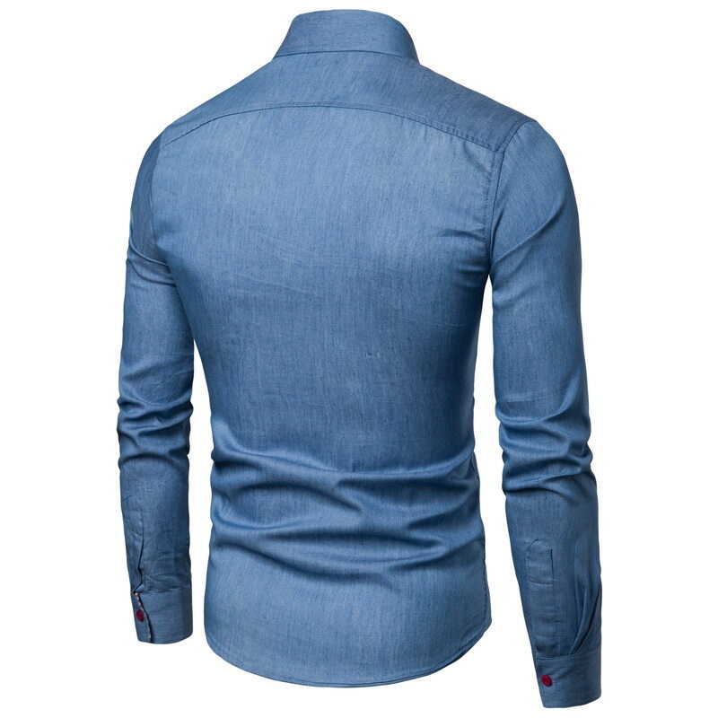 Men's Slim-Fit Stretch Denim Shirt with Check Collar and Decorative Chest Strip Chichicherry