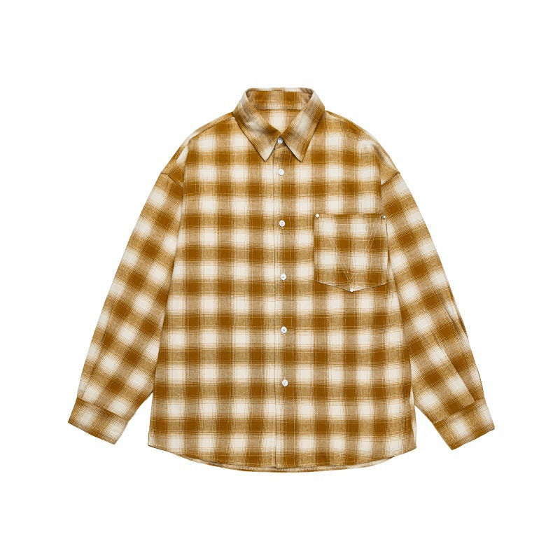 Men's Casual Checkered Flannel Shirt in Oversized Worker Style with Chest Patch Pocket and Rounded Hem Chichicherry