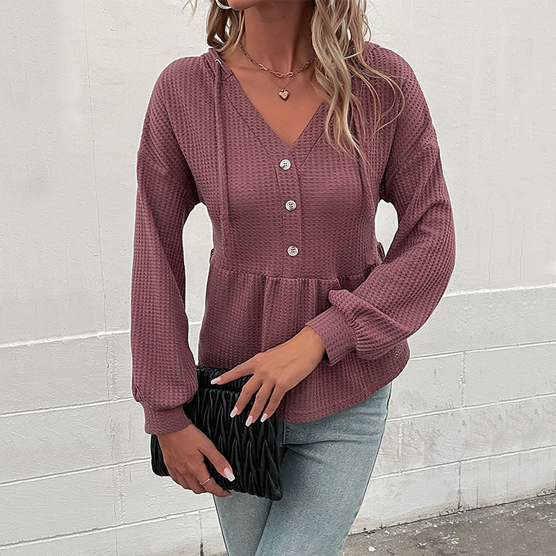 Women's Waffle Knit Hoodie Blouse with V-Neck, Button Placket and Gathered Waist Band
