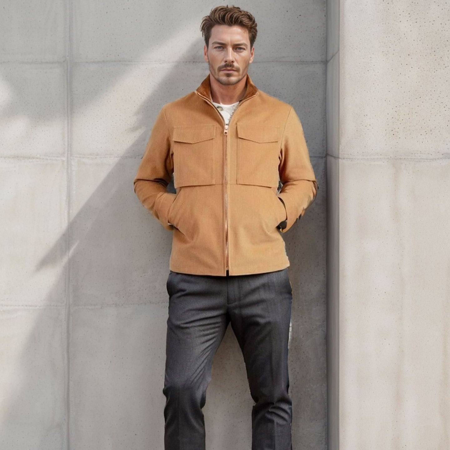 Men's Short Denim Field Jacket with Stand-Up Collar, Zipper, and Applied Chest Pockets Chichicherry