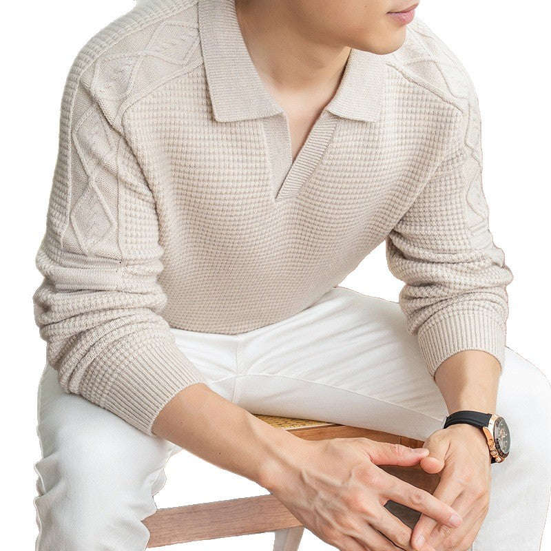 Men's polo sweater with textured waffle knit and cable pattern sleeves Chichicherry