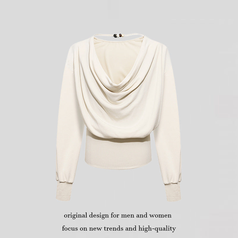 Women Draped Long Sleeve Top with Waterfall Collar, Open Back Strap and Fitted Ribbed Hem Chichicherry