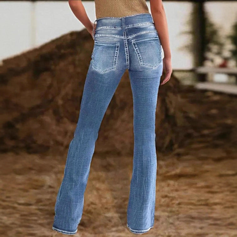 Women High-Waist Bootcut Jeans with sculpting seam design and light vintage finish Chichicherry
