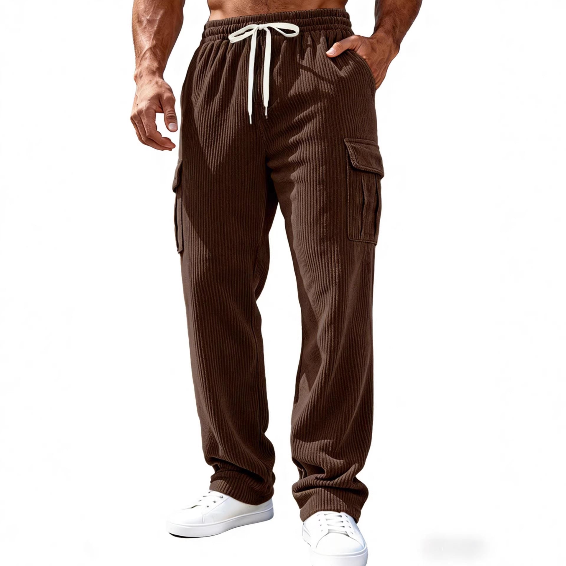 Men Ribbed Cargo Sweatpants with Drawstring and Elastic Waistband Chichicherry