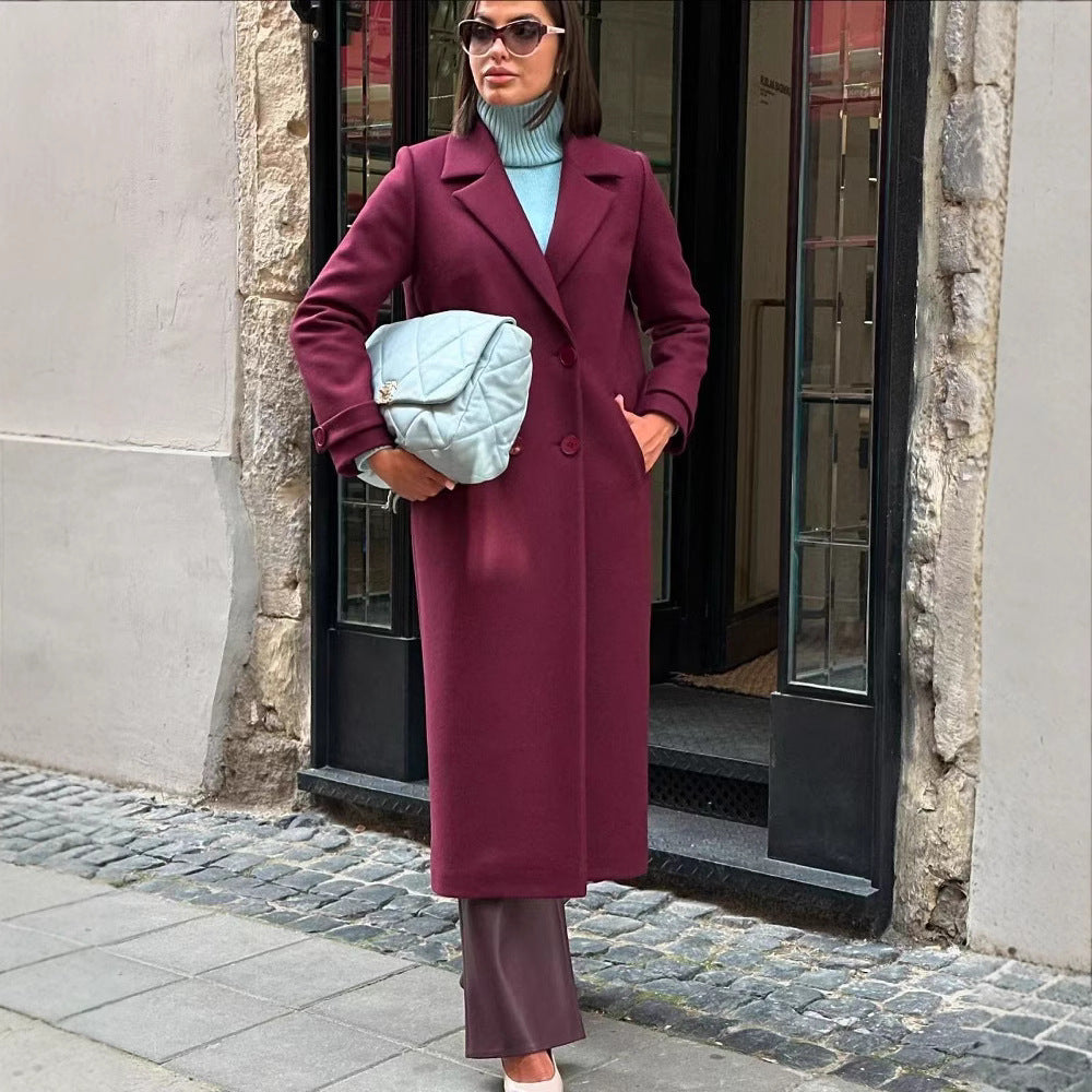 Women's Maxi Length Coat made of Wool Blend with Tailored Silhouette and Clean Lapel Chichicherry