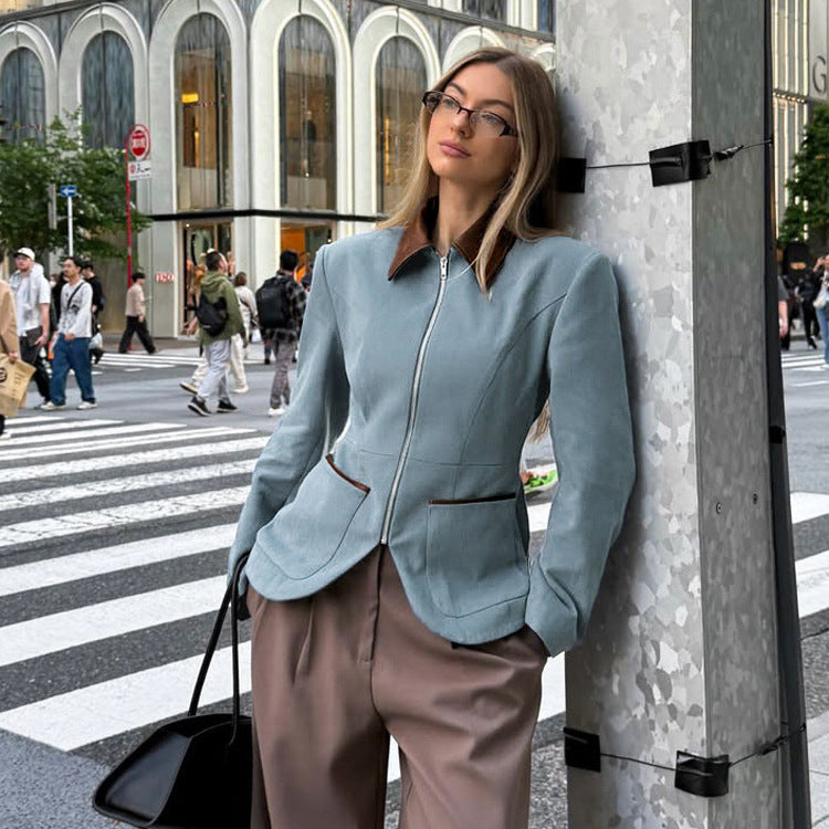 Women's Fitted Velvet Blazer with Zipper and Contrast Collar Chichicherry