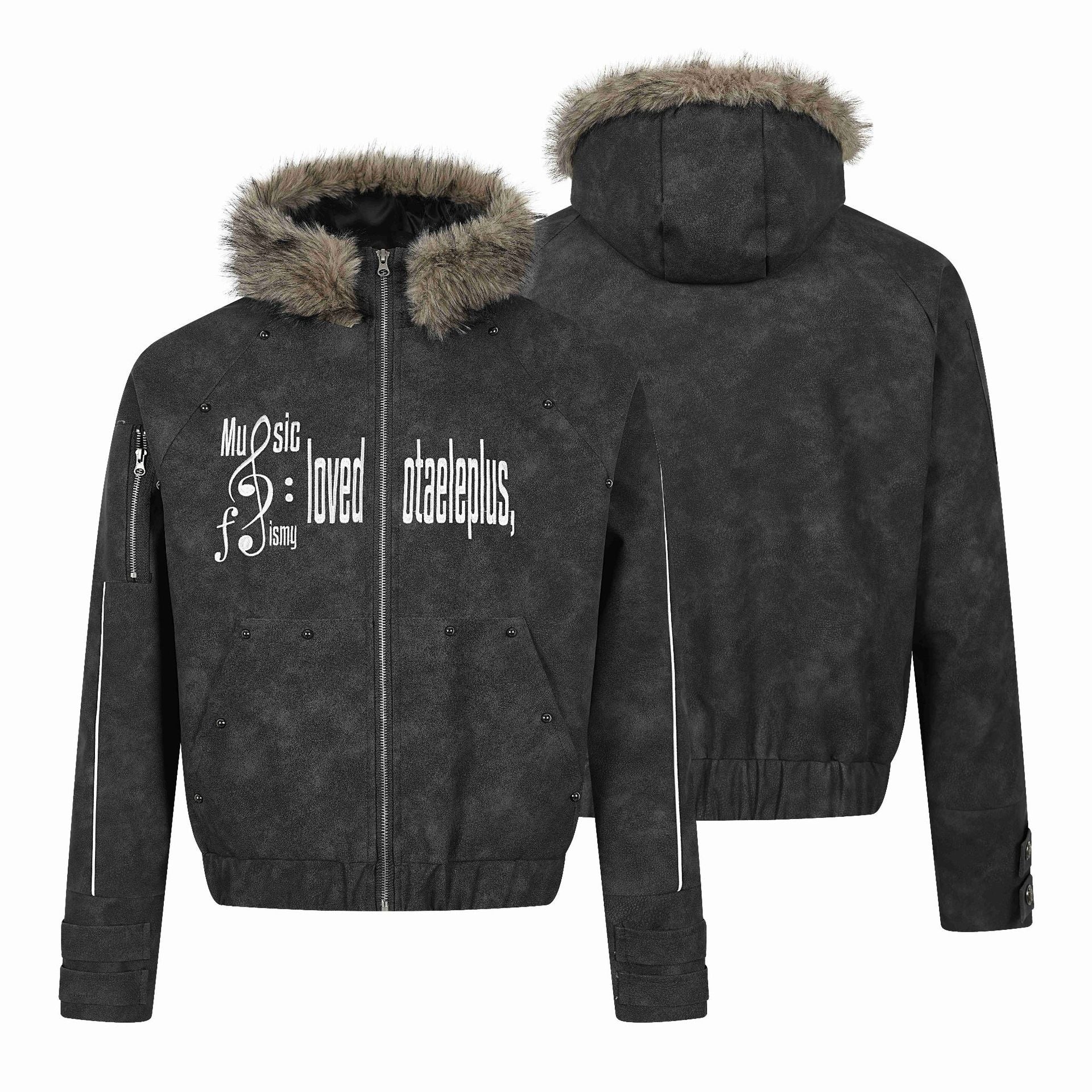 Men's Short-Cut Suede-Look Bomber with Hood, Faux Fur Trim and Statement Print