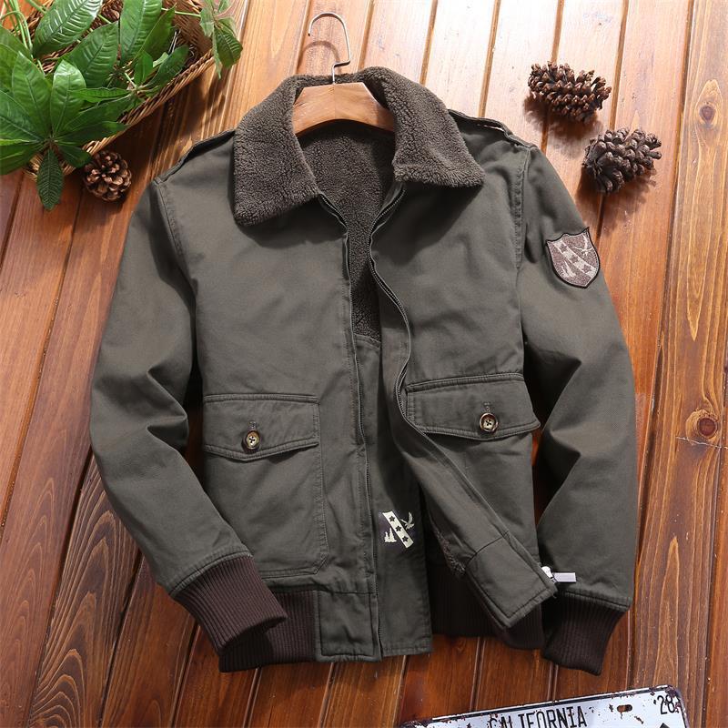 Men's Canvas Pilot Jacket with Teddy Lining, Ribbed Cuffs and Flap Pockets Chichicherry