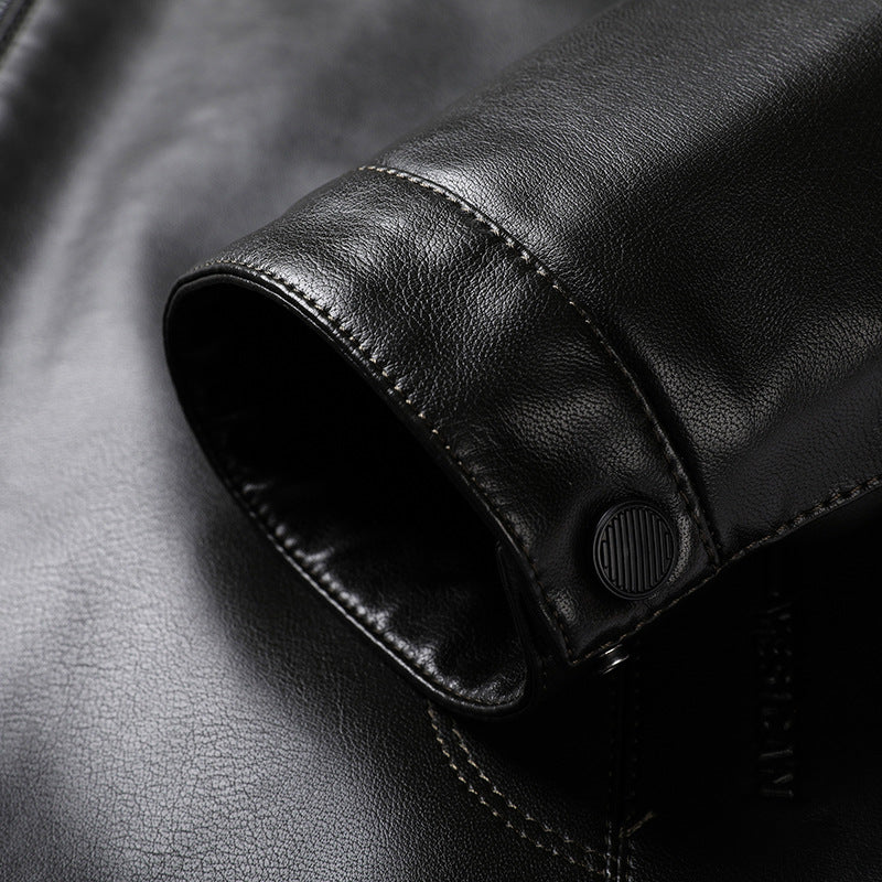 Men's Minimalistic Leather Look Transitional Jacket with Stand Collar and Two-Way Zipper Chichicherry