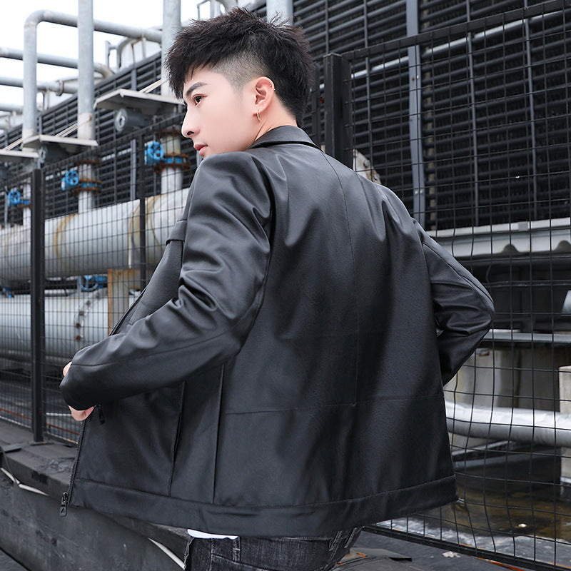 Men's slim faux leather trucker jacket with flap pockets and concealed zipper Chichicherry