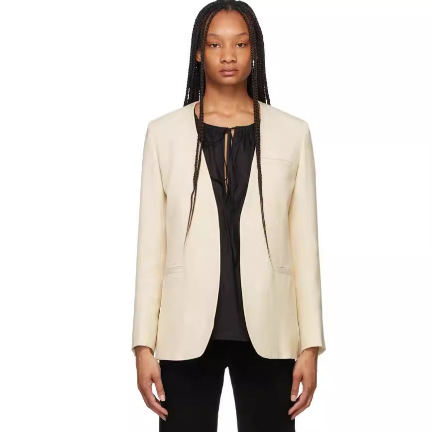 Women Collarless Long Blazer with Open Fall and Cape Effect Chichicherry