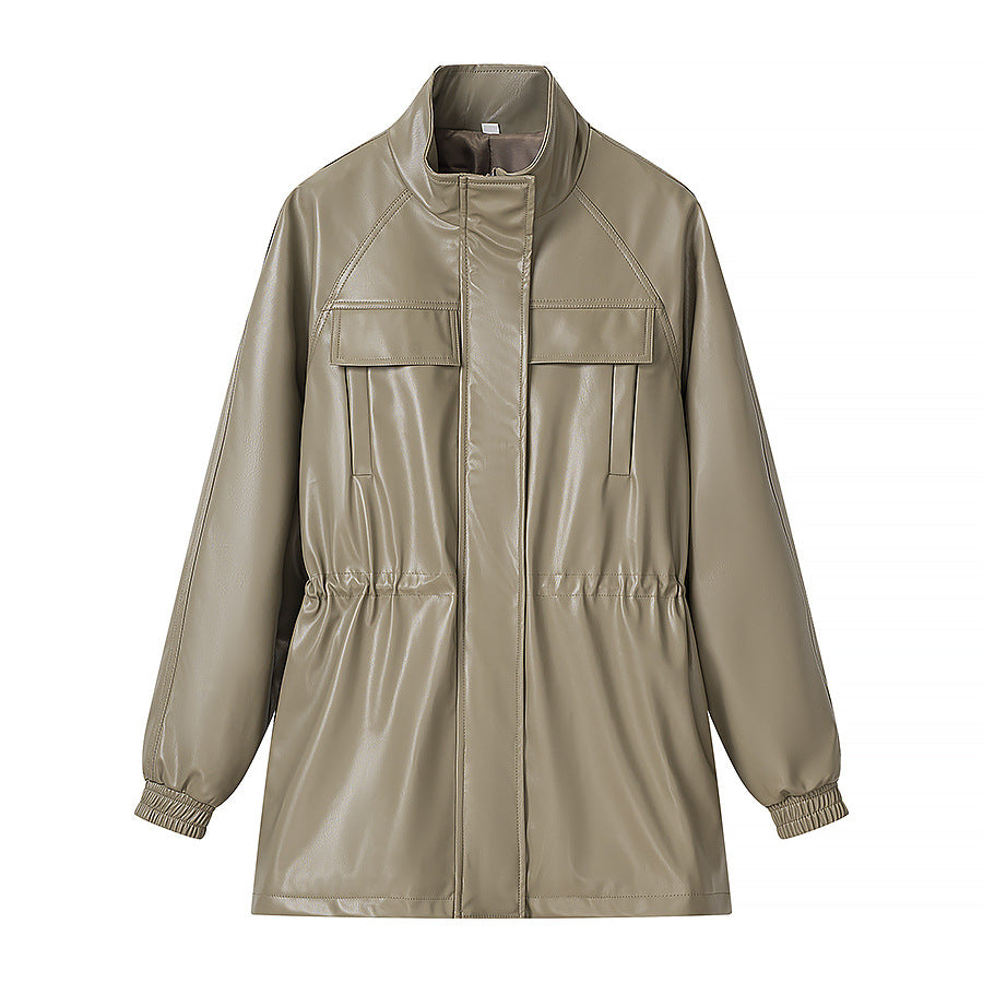 Women's faux leather parka with drawstring waist, stand-up collar, and flap pockets Chichicherry