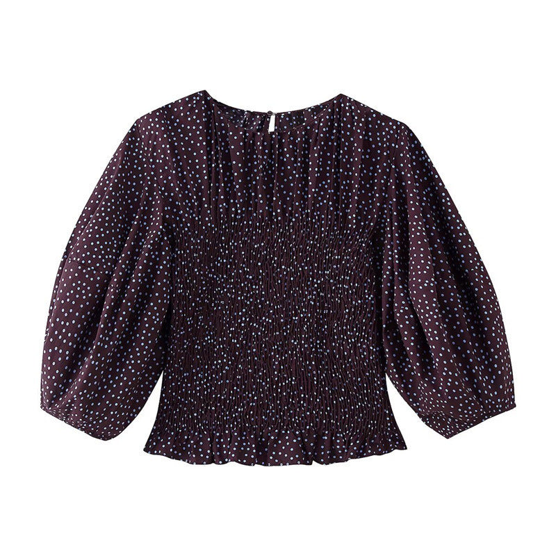 Women gathered polka dot top with elastic smocked body, balloon sleeves and ruffle hem Chichicherry