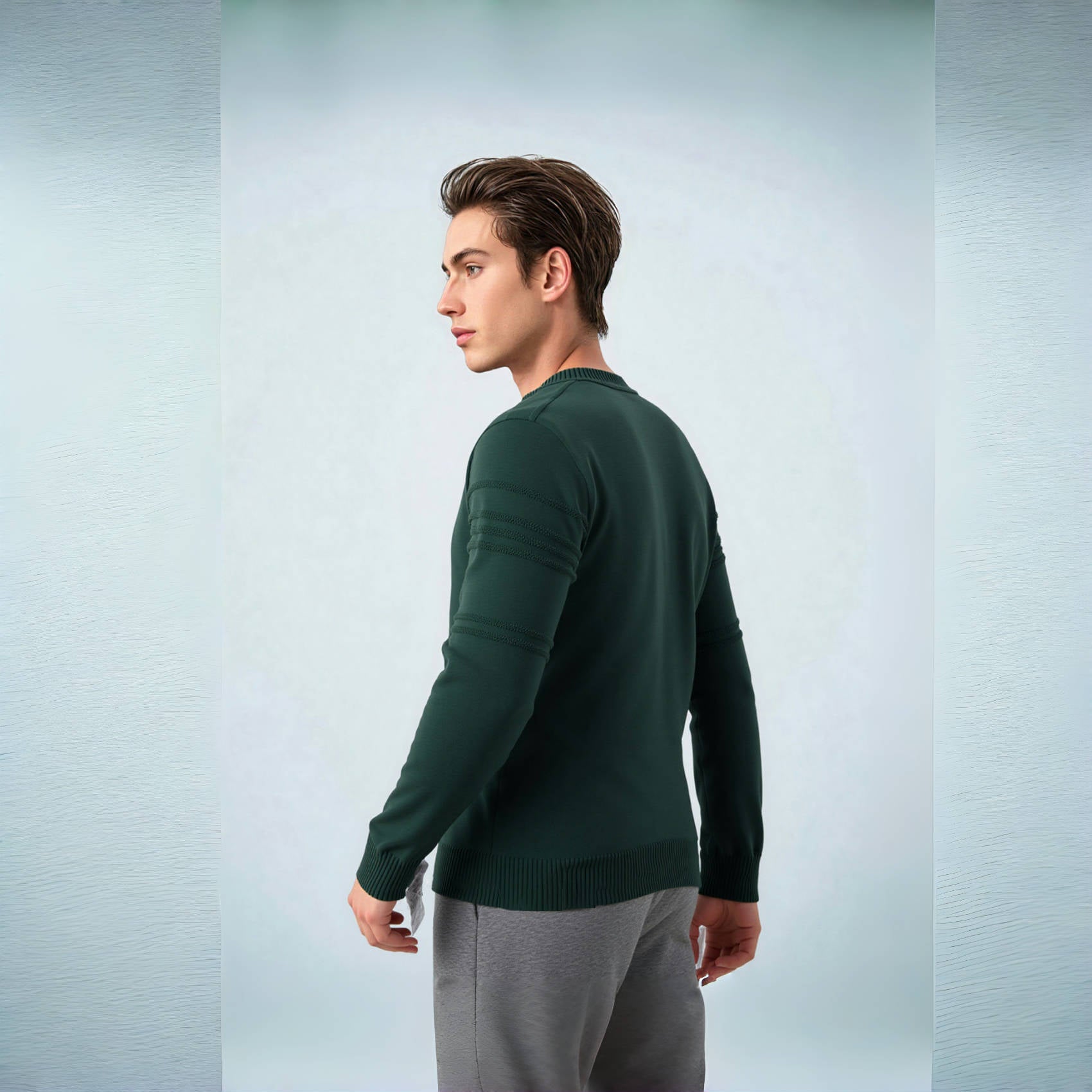 Men's Structured Fine Knit Pullover with Round Neck and Decorative Stripe Relief Seams Chichicherry