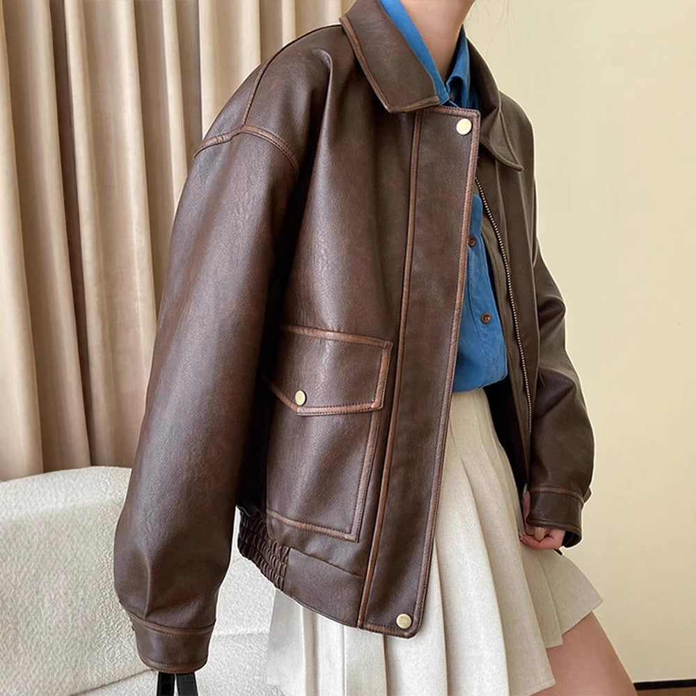 Women's Oversize Faux Leather Jacket with Shirt Collar and Zipper Chichicherry