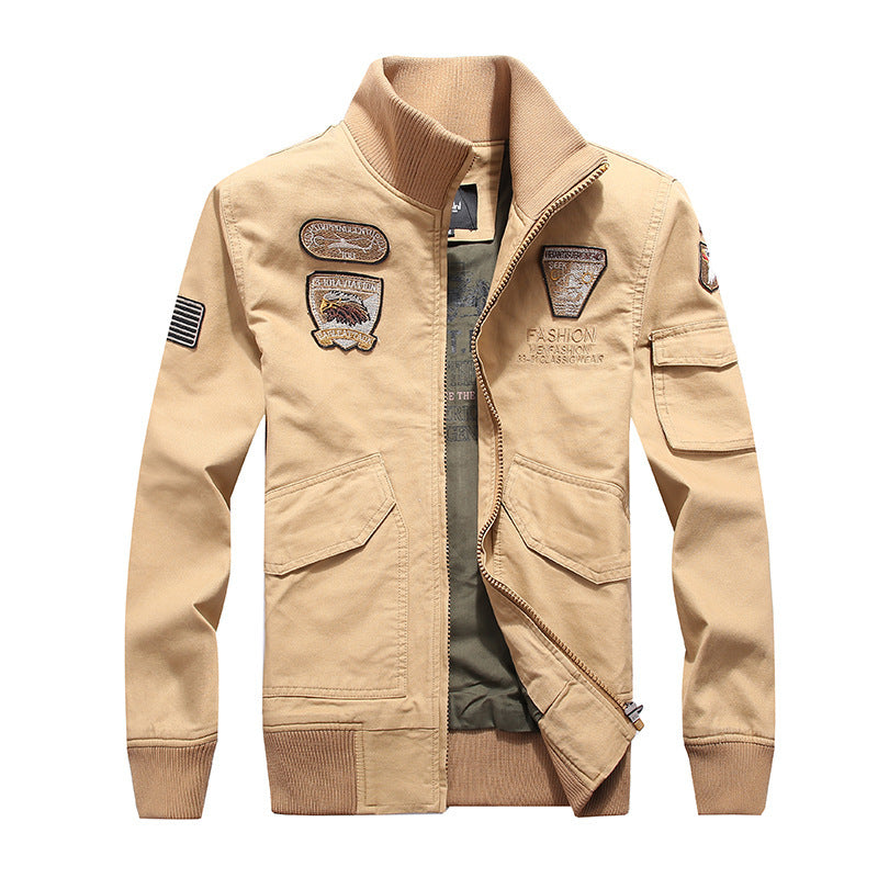 Men's Canvas Pilot Jacket with Embroidered Patches, Multiple Pockets, and Ribbed Cuffs Chichicherry