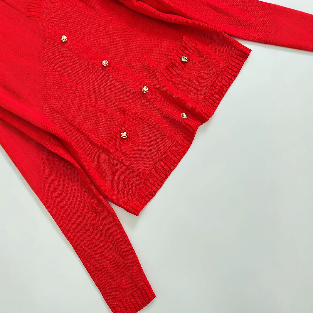 Women Fine Knit Cardigan with Decorative Buttons, Round Neckline and Patch Pockets Chichicherry