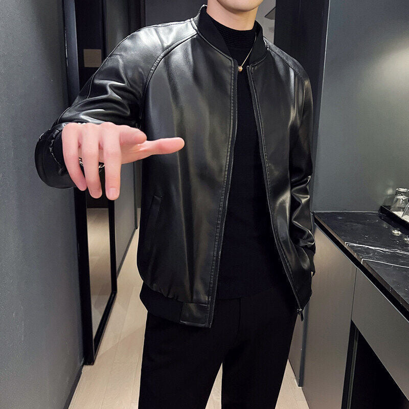 Men's Oversize Faux Leather Bomber Jacket with Raglan Sleeves, Zipper and Ribbed Cuffs Chichicherry