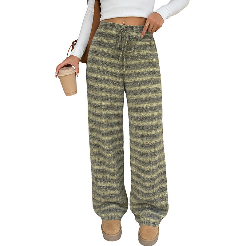 Women Soft Knit Pants with Wide Leg, High Waist & Drawstring Chichicherry