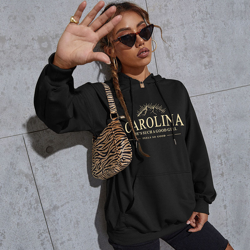 Women's Casual Oversized Hoodie with Statement Print, Kangaroo Pocket and Ribbed Cuffs Chichicherry