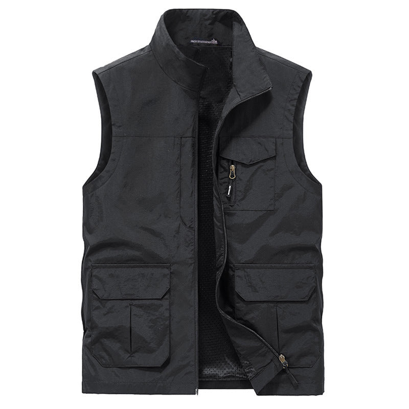 Men's Multi-Pocket Utility Vest with Zipper, Mesh Lining and Stand Collar Chichicherry